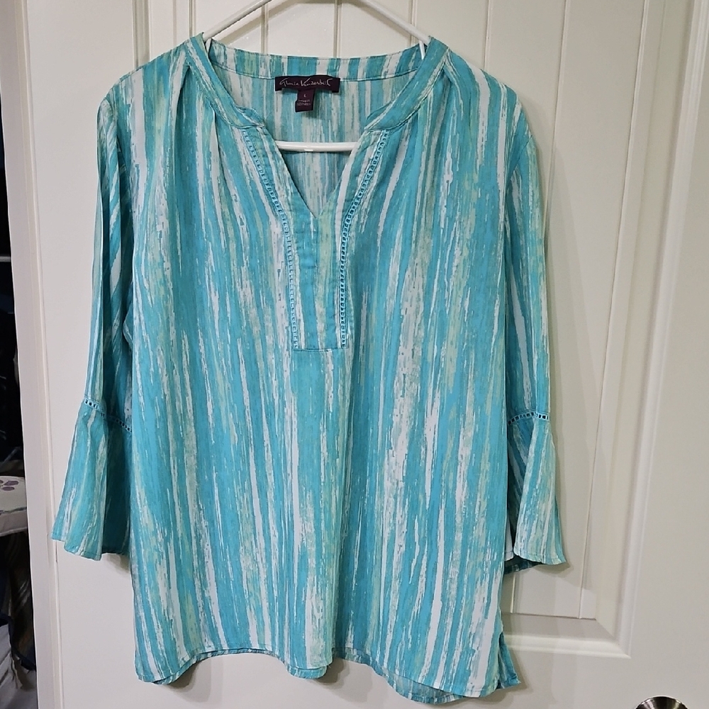 Gloria Vanderbilt Paint Flow Aqua Mist V Neck, Bell Flutter Sleeved Boho Tunic